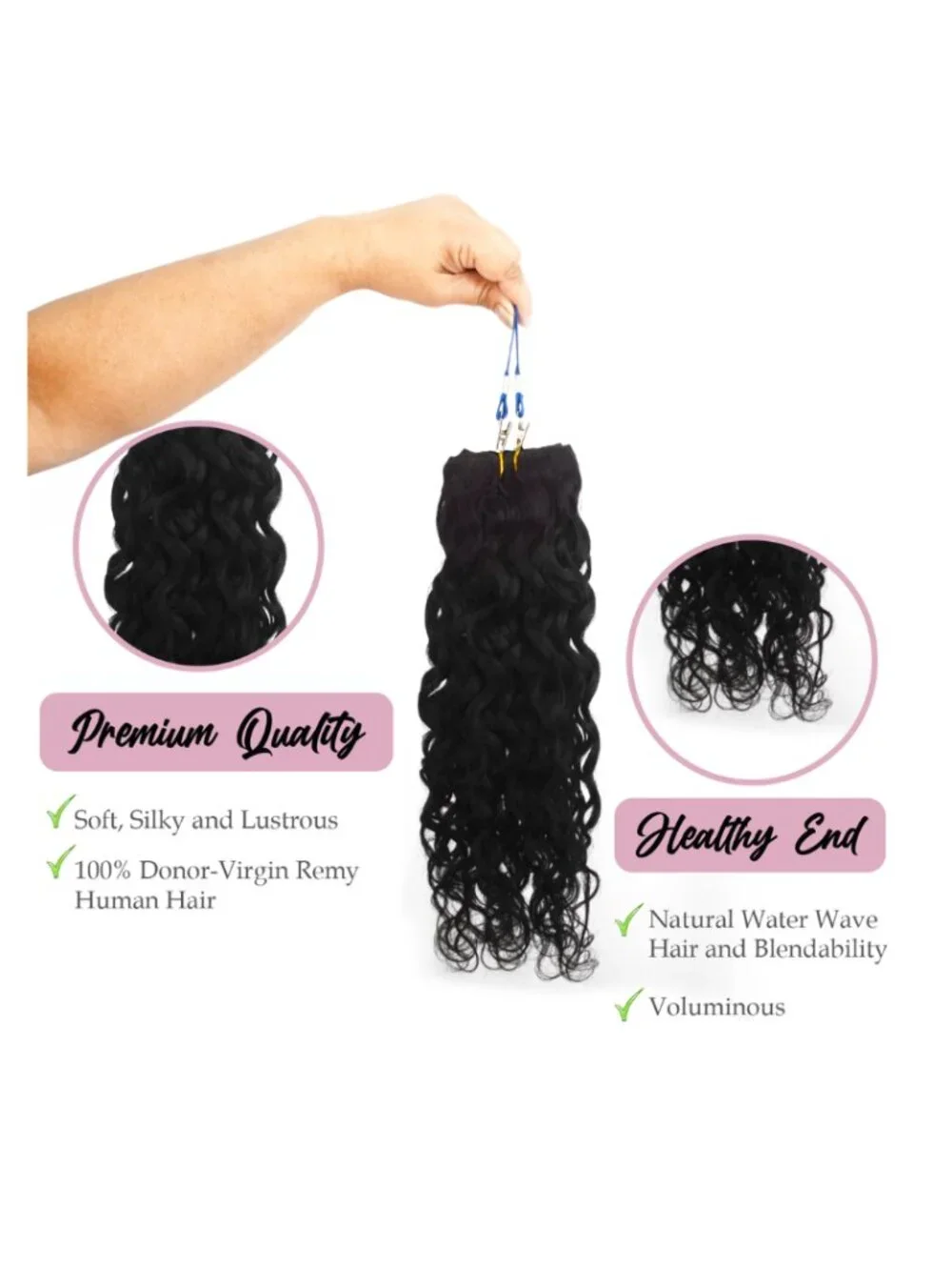 Hair Glow LLC 100% Human Hair Water Wave Clip-In Extensions 20” Natural Brown